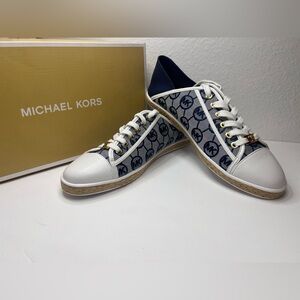 NWB Michael Kors Kristy Slide Lace-Up Sneakers Jacquard Ivory/Denim Size 9.5M